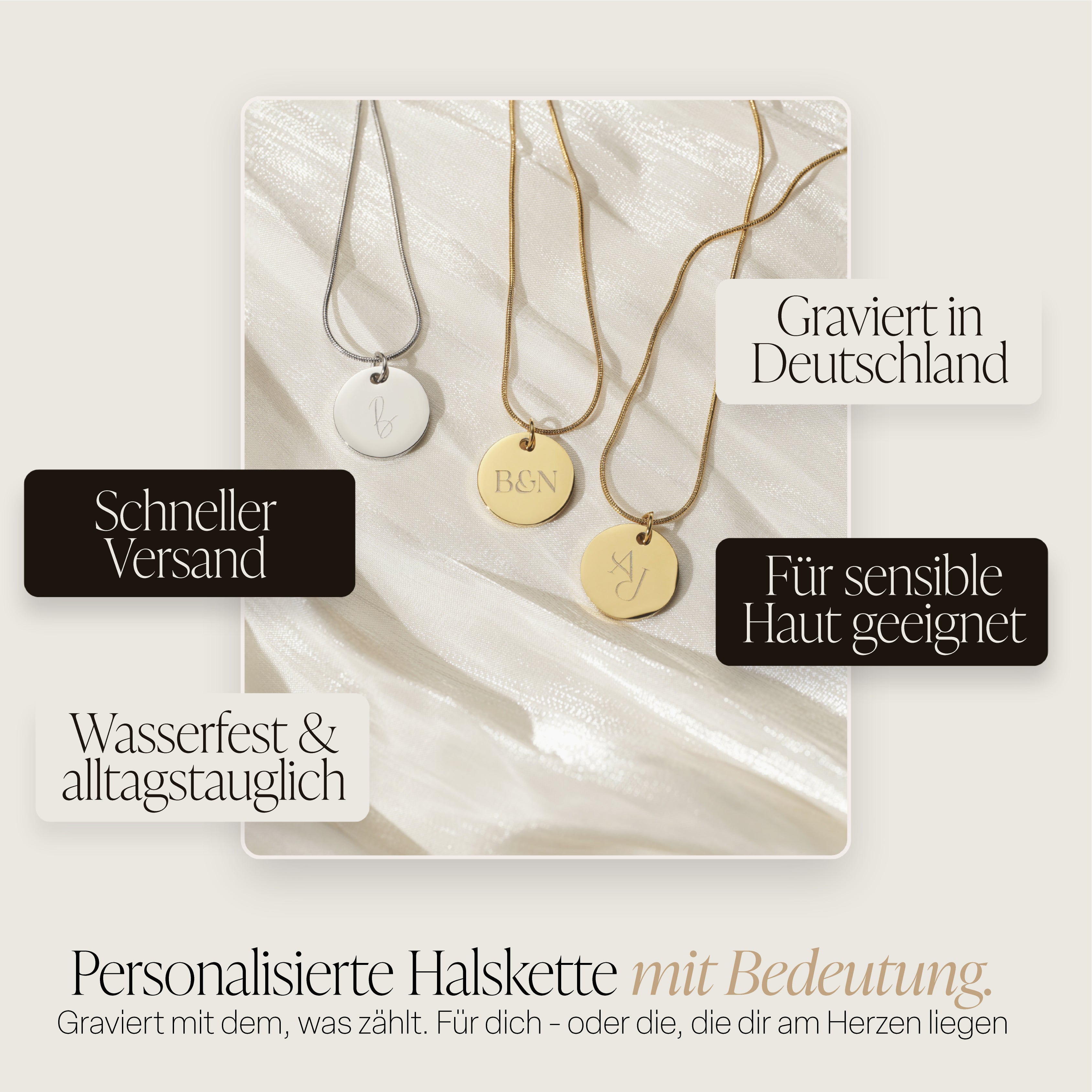 Infografik - Personalisierte Halsketten mit Bedeutung. Schneller Versand, Hautverträglich, Wasserfest, graviert in DE.